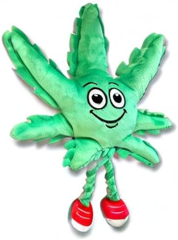 My Name is MJ, Cute Stuffed Parody Marijuana Leaf Dog Toy, Funny Squeaky Weed Toy, Cool Plush Novelty 420 Gift for Puppies & Small, Medium & Large Breeds, for Fetch & a Photo Prop, Shelf-Sitter