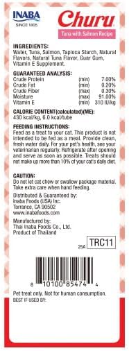 INABA Churu Lickable Purée Natural Cat Treats - Tuna with Salmon Recipe, 32 Tubes (4 Boxes of 8 Tubes Each)