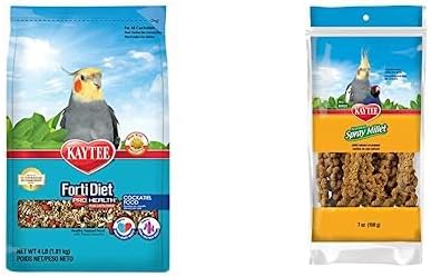 Kaytee Forti-Diet Pro Health Cockatiel Pet Bird Food with Safflower, 4 Pound Spray Millet Treat for Pet Birds, 7 Ounce Bundle