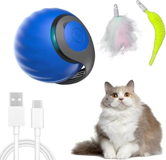 Bytewave Speedy Tail 3.0 is a Smart, Rolling cat Toy with 360° Motion, Feather Tails, and USB Charging. Two Modes Keep Indoor Cats Active, Entertained, and Engaged. Includes red and Blue Balls.