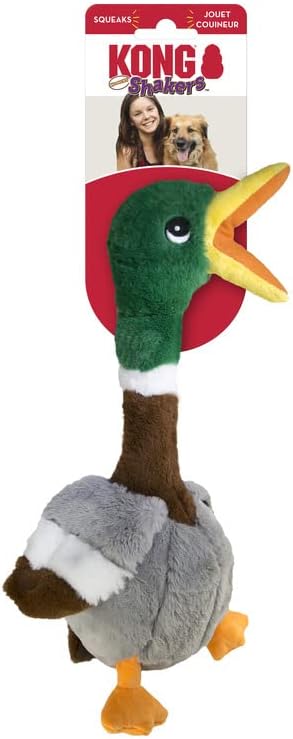 KONG Shakers Honkers Duck - Long Plush Toy with Low Tone Squeaker (Small)