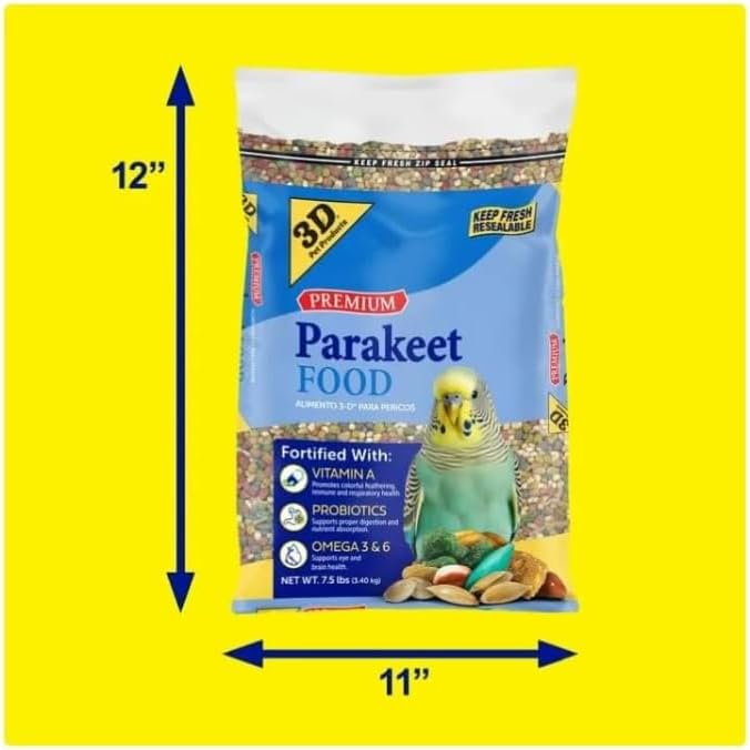 3–D Pet Products Premium Parakeet Bird Food, with Probiotics – 7.5 Lb. Zipper Seal Bag, for Daily Feeding.