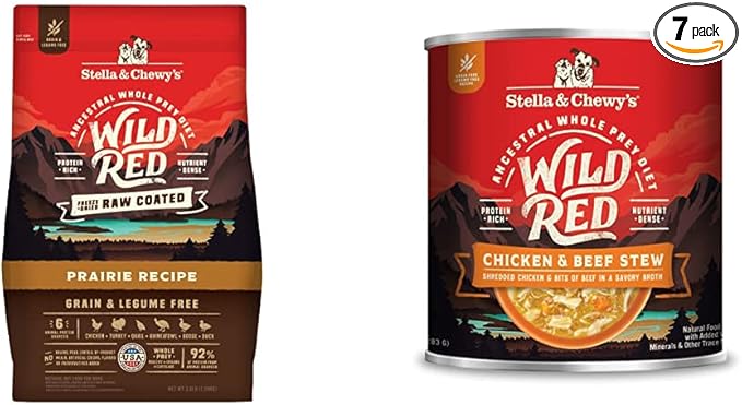 Stella & Chewy's Wild Red Raw Coated Kibble Dry Dog Food Grain Free Prairie Recipe, 3.5lb Bag + Wild Red Chicken & Beef Stew Wet Dog Food, 10oz Cans (Pack of 6)