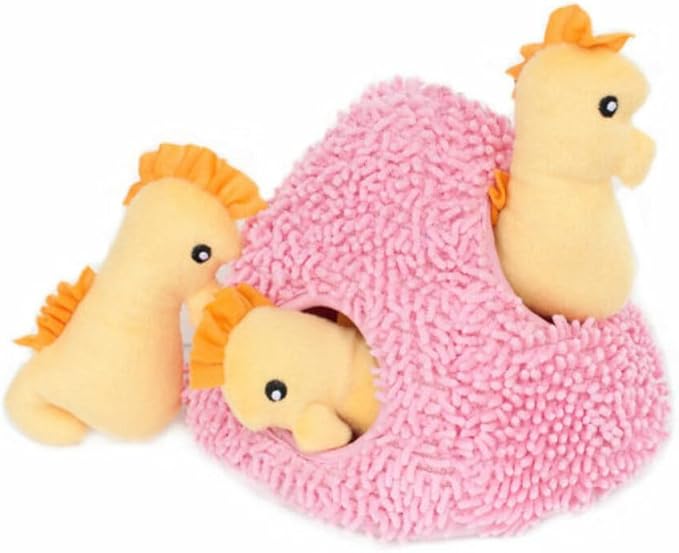 ZippyPaws - Sea Buddies Burrow, Interactive Squeaky Hide and Seek Plush Dog Toy - Seahorse ‘n Coral