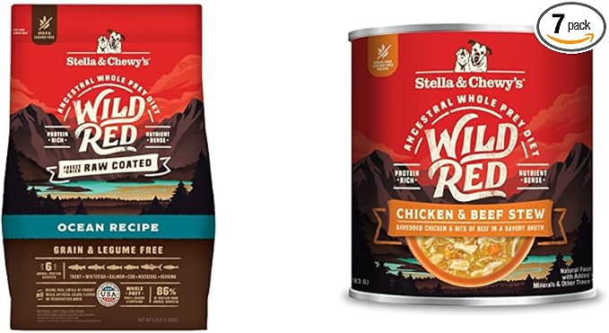 Stella & Chewy's Wild Red Raw Coated Kibble Dry Dog Food Grain Free Ocean Recipe, 3.5lb Bag + Wild Red Chicken & Beef Stew Wet Dog Food, 10oz Cans (Pack of 6)