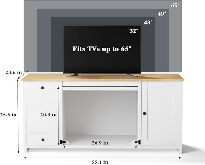 55 โ Wooden Dog Crate Furniture for Medium Dogs, End Table Sideboard Heavy Duty Dog House TV Stand with Pull-Out Feeding Station, Storage Cabinets and Drawer, Decorative Indoor White