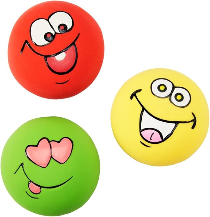 Vibrant Life Playful Buddy Emoticon Durable Rubber Latex Dog Chew Toy with Audible Squeaky Sound, Medium, 3 Count