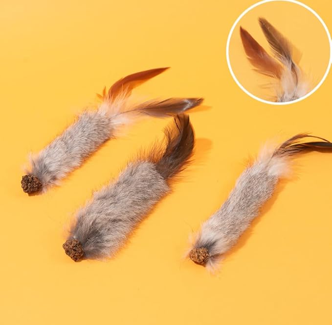 Cat Chew Toys 3-Pack, Feather Tail Plush Stick with Gallnut, Solo Play Toys for Cats, Interactive Self-Play for Biting and Hunting Instincts (White)