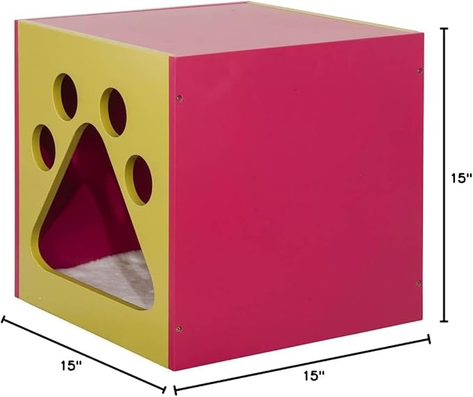 Elegant Home Fashions Cat Cuddle Box Pet House with Paw Design Mellow Green and Fuchsia Finish, PET-986