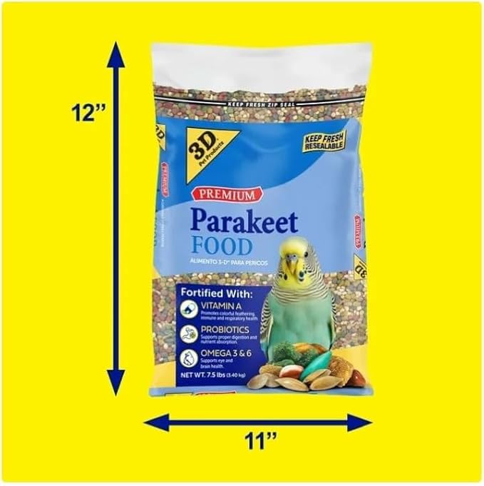 3–D Pet Products Premium Parakeet Bird Food, with Probiotics – 7.5 Lb. Zipper Seal Bag, for Daily Feeding.