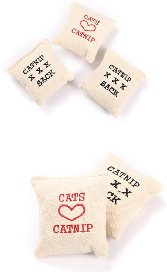 WOONEKY 10Pcs Catnip Canvas Cat Sachets Stuffed with Cotton, Random Style Khaki, Interactive Pet Supplies for Indoor Cats and Kittens