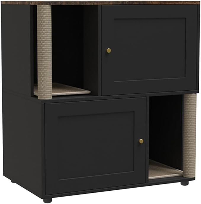 Double Layer Cat Litter Box Enclosure for 2 Cats, Hidden Litter Box Furniture with Cat Scratching Post and Board, 2 Story Wooden Cats Washroom or Bed, Pet House End Table for Living Room Balcony