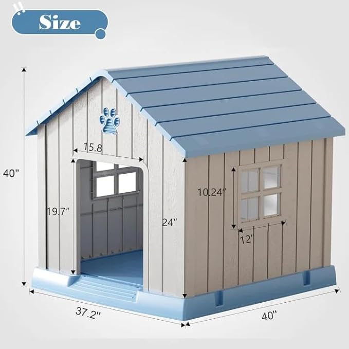 Bifanuo Dog House for Outdoor & Indoor Use with Window, Waterproof Ventilated Kennel with Elevated Floor, Easy to Clean Shelter for Small Medium Large Dogs (Blue, 37.2" L x 40" W x 40" H)