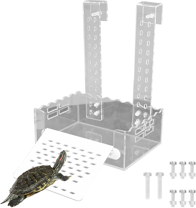 VIKKSAER Turtle Basking Platform with Simulated Lawn, Transparent Aquatic Reptile Tortoise Resting,Turtles Aquarium Dock, Hanging Ramp Climbing Shelf
