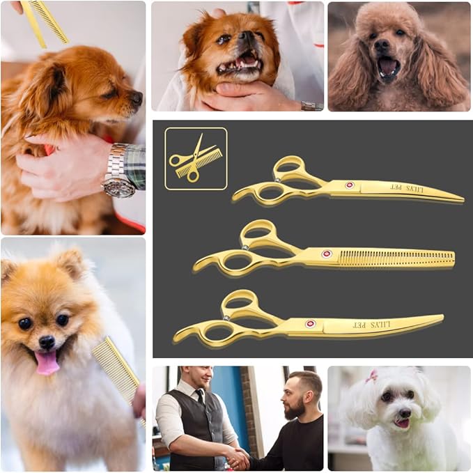 Professional PET DOG Grooming Coated Titanium scissors suit Cutting&Curved&Thinning shears (7.0 inches, Gold)…