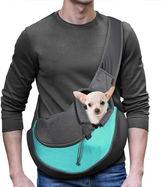 YUDODO Pet Sling Carrier for 5-9 lbs Small Dogs & Cats – Hands-Free Puppy Carrier with Safety Hook, Large Zipper Pocket, Soft Breathable Mesh, Adjustable Strap & Reflective Strip (Cyan 1.0 M)
