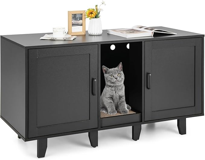 Giantex Cat Litter Box Enclosure - Cat Washroom Hidden Furniture with 2 Storage Cabinets, Removable Cat Scratcher, Air Vents, Detachable Legs, Wooden Pet Crate Indoor Cat House TV Stand (Black)