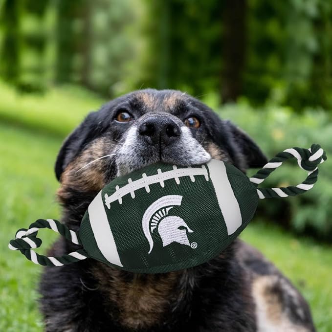 NCAA Michigan State Spartans Football Dog Toy, Tough Quality Nylon Materials, Strong Pull Ropes, Inner Squeaker, Collegiate Team Color
