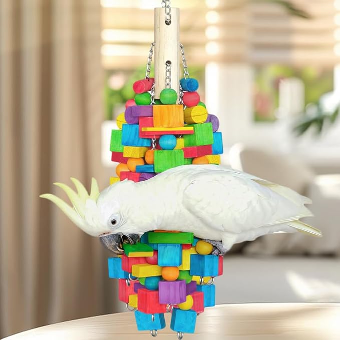 Large Parrot Chew Toy, 20 in 1.65 lb Natural Wood Blocks with Stainless Steel Chain, Bird Foraging Cage Toy for Macaws, Cockatoos, African Greys