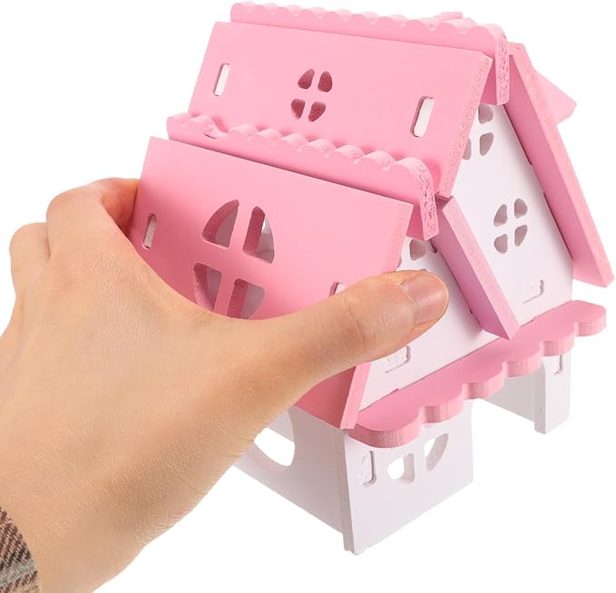 LOGOFUN Guinea Pig Castle Small Animal Wooden Maze Hut Detachable Hideout House with Door Bird Cage Accessories for Hamster Chinchilla Dwarf Rabbit Hedgehog Squirrel - Pink