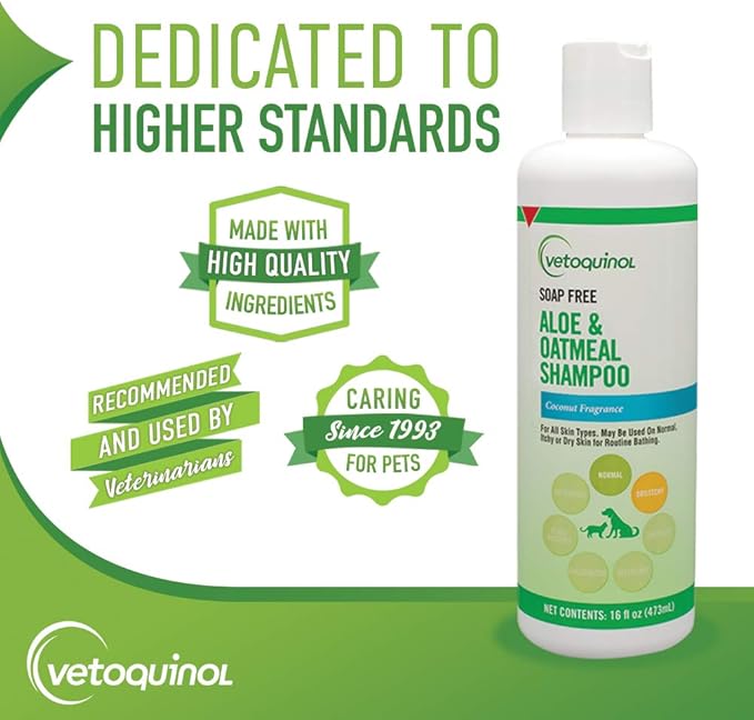 Vetoquinol Aloe & Oatmeal Shampoo - Gentle & Moisturizing Formula for Dogs & Cats - Pet Shampoo for Deep Cleansing - Paraben-Free Coat Care for All Skin Types - 16oz