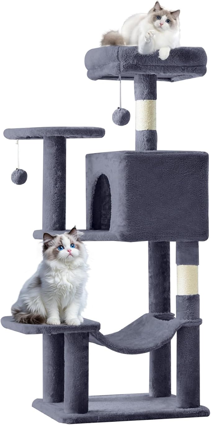 Cat Tree Tower 44 Inch, Small Cat Tower with Condo, Hammock, Sisal Scratching Posts, Extended Perch, Pet Play House for Indoor Kittens and Cats, Grey