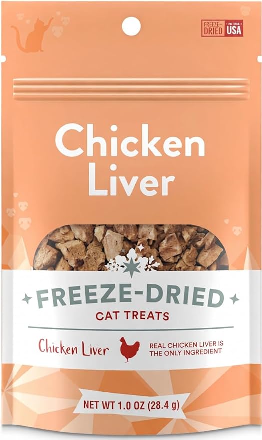 Freeze Dried Chicken Liver Cat Treats 1 oz Single Ingredient Healthy Kitten Treats All Natural Grain Free High Protein Crunchy Cat Snack Raw Dehydrated Made in USA Indoor Cat Food Topper Meal Enhancer
