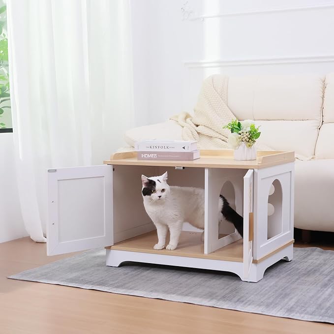 Boho Cat Litter Box Enclosure Furniture, Hidden Litter Box Cabinet with Rattan Doors, Modern Cat Washroom, Wooden Cat House with Reversible Entrance & Top Perch (29.6”L x 21”W x 20.8”H)