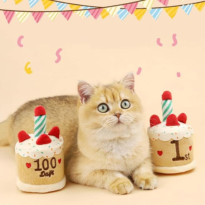 Cat Birthday Toy Kitten Cake with Birthday Hat Puppy Dog Plush Gift for Small Medium Pet (1 Year)