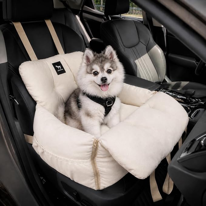 JACKO & CO Premium Dog Car Seat – Safe & Cozy Travel Bed Carrier for Small Dogs, Puppies, Pets, Clip-On Leash, Storage Pockets, Water-Resistant, Machine Wash (Beige, Removable - Medium (25-40lbs))