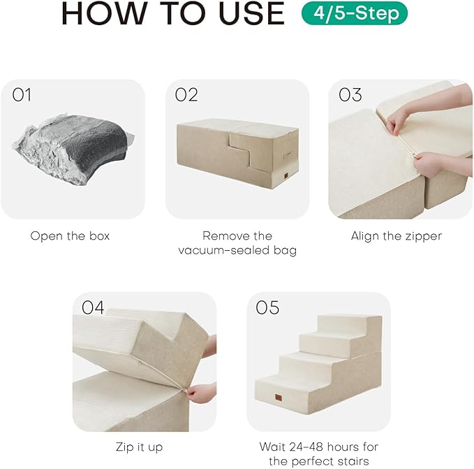ABCPET Dog Stairs for High Bed, Dog Steps for Bed Couch Sofa, 35D Foam Extra Wide Pet Steps for Small Dogs and Cats, Pet Stairs with Non-Slip Bottom Beige, 4 Steps