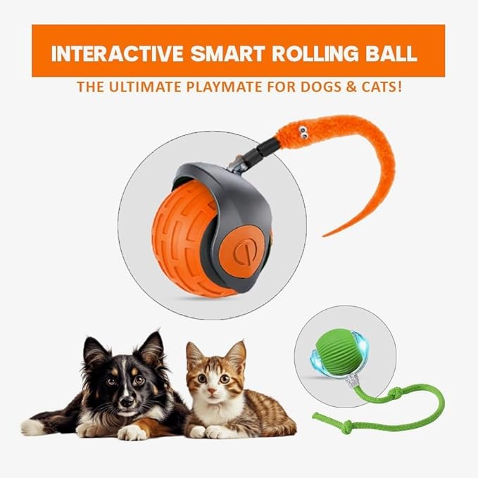 Interactive Cat Ball Toy – Smart Rolling Pet Ball with Obstacle Avoidance, USB Rechargeable, Cord Tail Design – Fun Enrichment Toy for Indoor Cats & Small Dogs (Orange + Green)