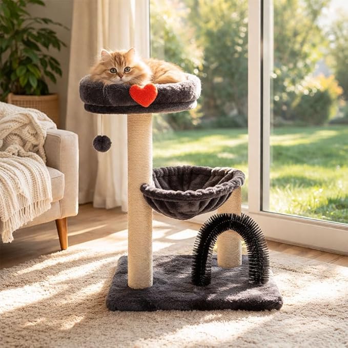 Simple Deluxe 27.8" Small Cat Tree Tower for Indoor Cats, Multi-Level Cute Cat Tree with Scratching Post| Plush Hammock| Perch| Replaceable Cover| Groomer Brush| Dangling Ball for Kittens Play & Rest