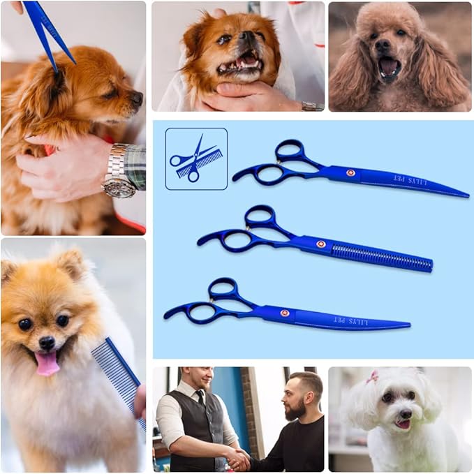 Professional PET DOG Grooming Coated Titanium scissors suit Cutting&Curved&Thinning shears (7.5 inches, Blue)…