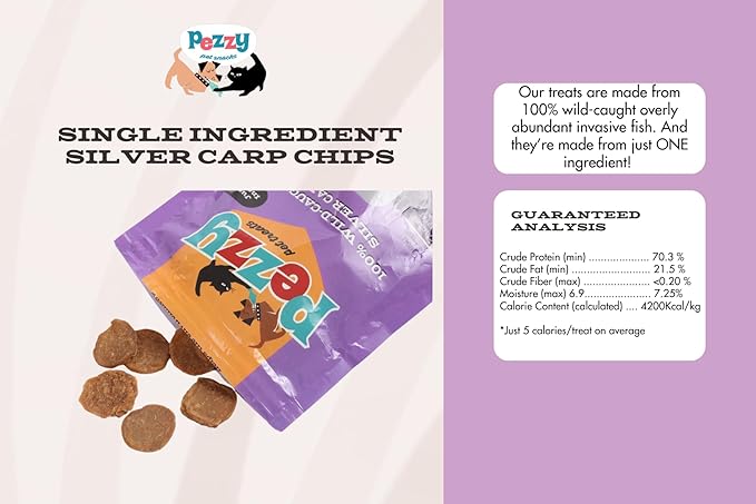 Pezzy Pets Silver Carp Chips Dog & Cat Treats | Single Ingredient | Wild Caught | Made w/Invasive Fish | Grain Free | High Protein + Low Fat | Hypoallergenic | Compostable Packaging | Made in The USA