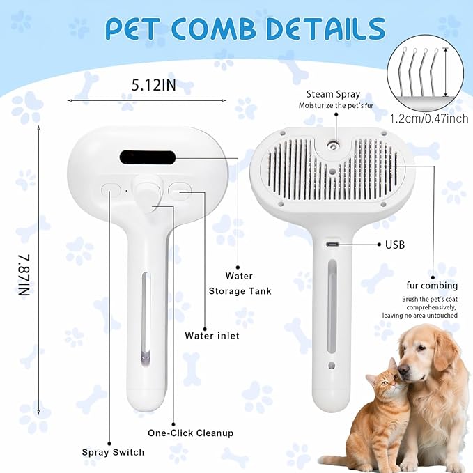 2025 Fresh Fur Shower Brush, 3 in 1 Pet Steam Brush, Spray Hair Removal Comb for Cats & Dogs - Deshedding& Grooming (White)