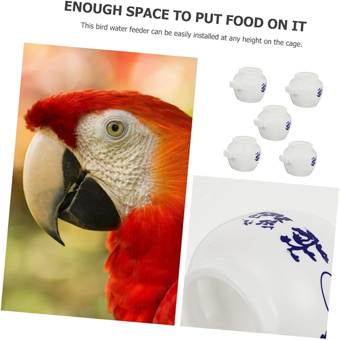 5pcs Large Round Parrot Food Bowls Blue and White Porcelain Pattern, Bird Cage Feeding Cups for Parakeet and Cockatiel Supplies