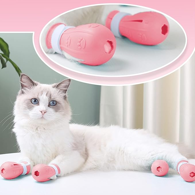 4Pcs Cat Boots for Cats Only Paw Covers Protectors Claws Shoes Paws Wound Boot Silicon Anti Scratch Cat Mittens for Bathing, Nail Clipping, Ears Cleaning, Treatment(Pink)