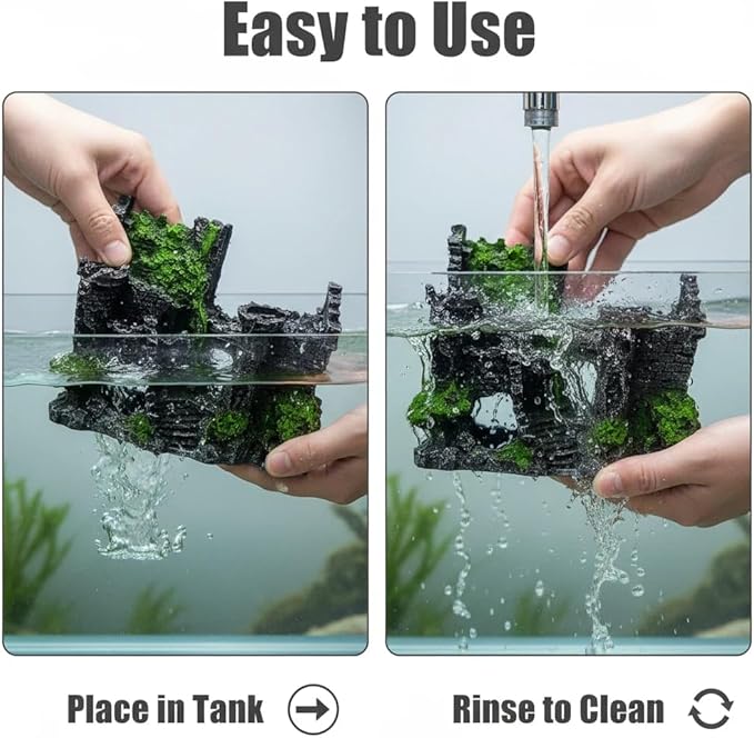 Mipukbay Green Aquarium Decor Castle, Resin Fish Tank Decoration Ornament for Freshwater/Saltwater, Safe Landscape Rock Cave Hideout for Betta Fish, Goldfish and Aquatic Pets