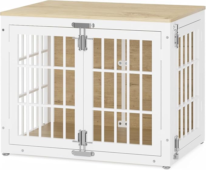 33" Heavy Duty Dog Crate Furniture, Wooden Dog Cage Kennel for Lrage and Extra Large Dogs, Dog Kennel Indoor with Side Door, Decorative Pet House End Table, White and Natural