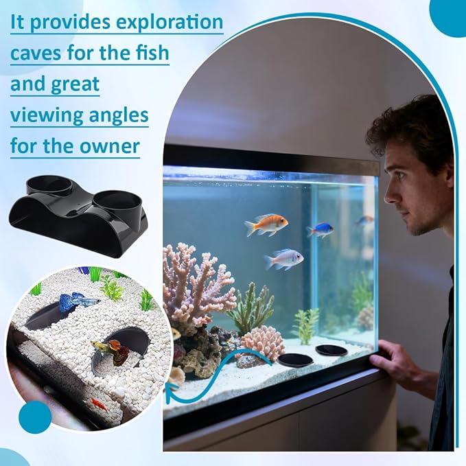 FINGERINSPIRE 2Pcs Curved Dual-Cave Aquarium Hideout 6.9x3.5x2.2inch Black Plastic Fish Hideout Shrimp Cave for Aquatic Pets Habitat Plastic Aquarium Tunnel Underground for Fish Aquatic Decor