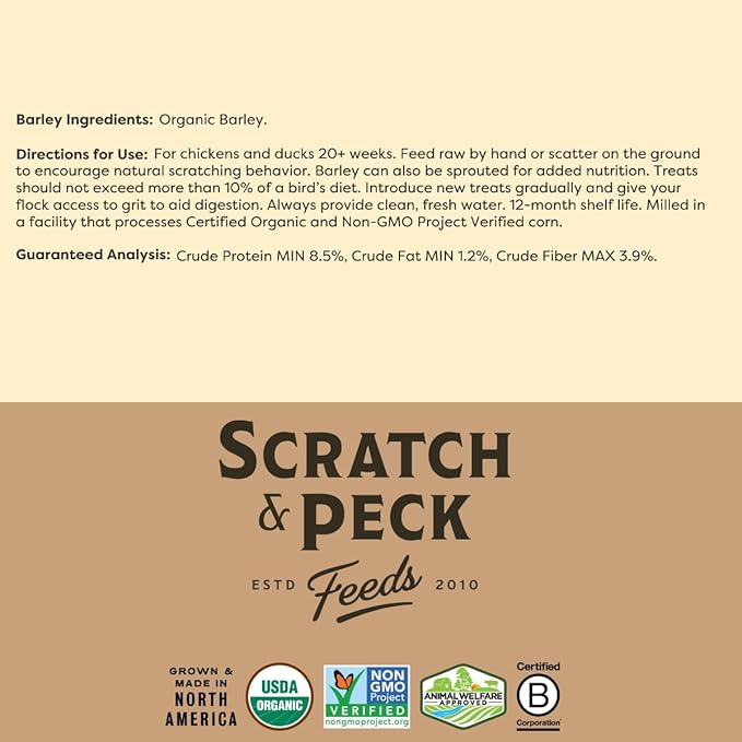 Scratch and Peck Whole Barley Chicken, Duck and Livestock Supplemental Grain - 10 lbs Bag - 8.5% Protein, Certified Organic and Non-GMO Project Verified Chicken Food
