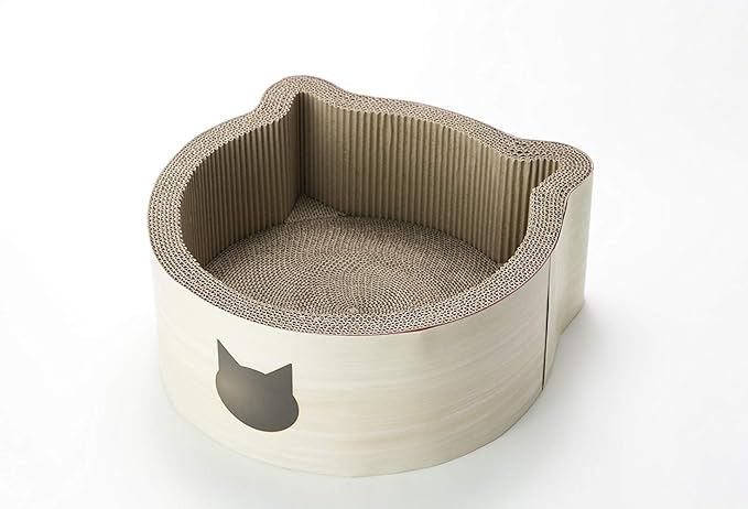 Necoichi Cat-Headed Scratcher Bed (Birch, Regular) | Cardboard Cat Scratcher Bowls for Indoor Cats - Cat Scratching Board, Cat Scratch Pad Reversible Usability and Extra Comfort for Lounge