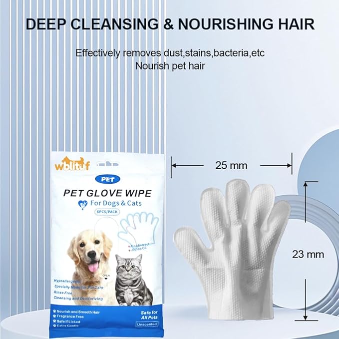 Pet Cleaning Gloves (6 Count) | Extra Thick Disposable Grooming Gloves with Aloe & Jojoba Oil, Waterless No-Rinse Odor Control, Lick-Safe Five-Finger Design for Cats & Dogs