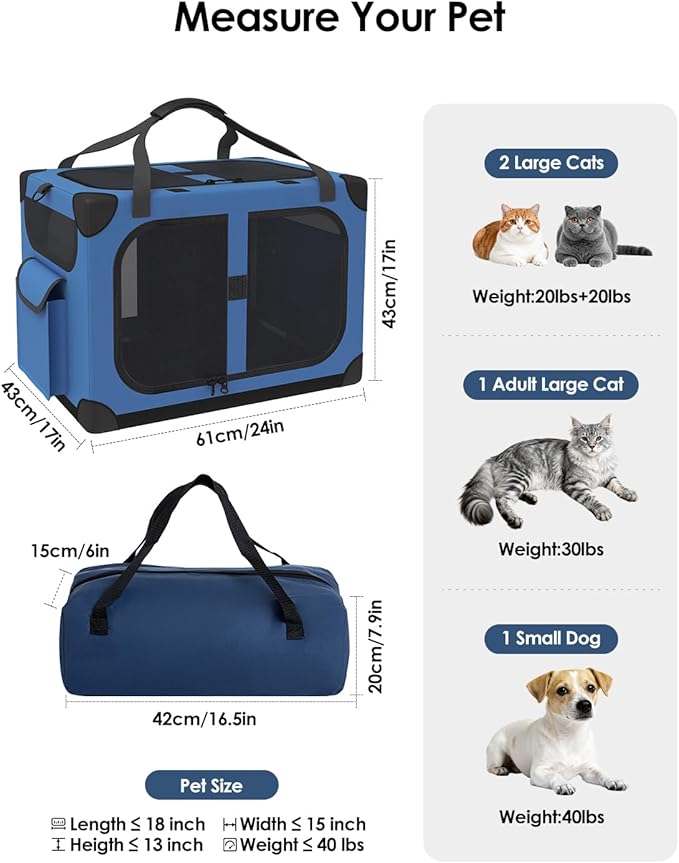 Extra Large Cat Carrier for 2 Cats, XL with Removable Divider, Foldable Soft-Sided Pet Carrier with Storage Tote, Portable Travel Crate for Large Cats, for Car & Home Use, 24" x 17" x 17"