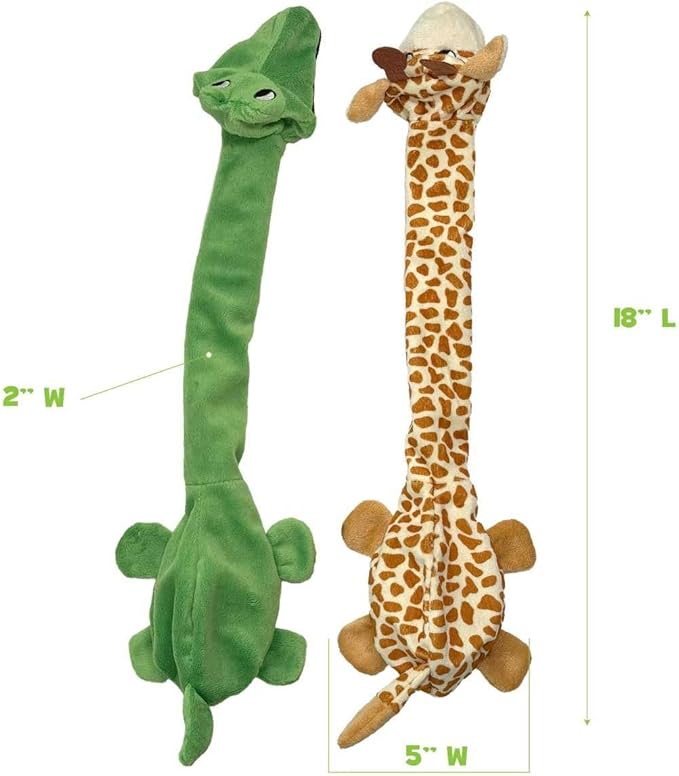 Trenton Gifts Extra Long Stuffing Free Dog Toys with Squeaker. Set of 2. Giraffe and Alligator
