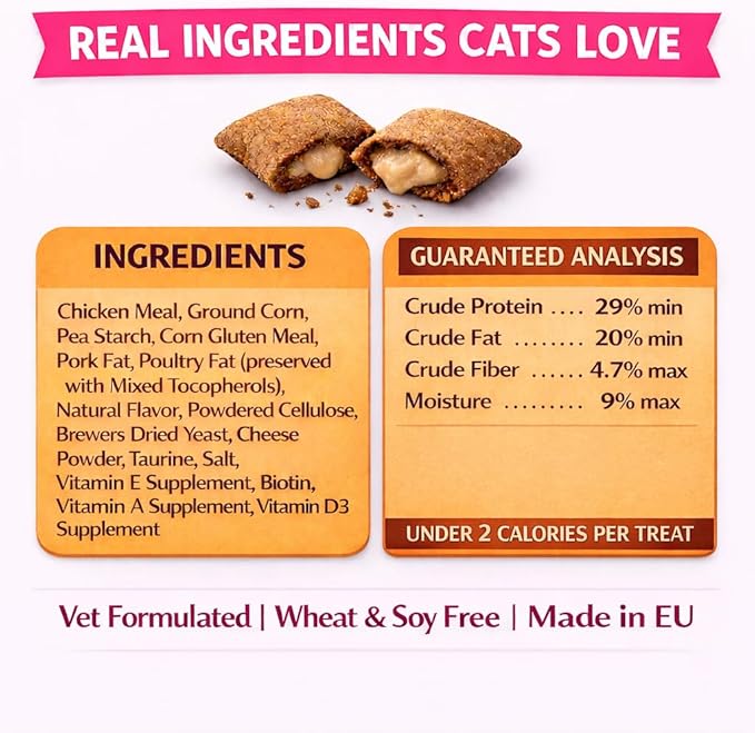 Calming Cat Treats for Indoor Cats – Crunchy Soft Pillow Bites with Gooey Center – Chicken Low Calorie Kitty Treats – Cat Snacks Food Topper Training Reward Wheat Soy Free Healthy Dental – 9oz