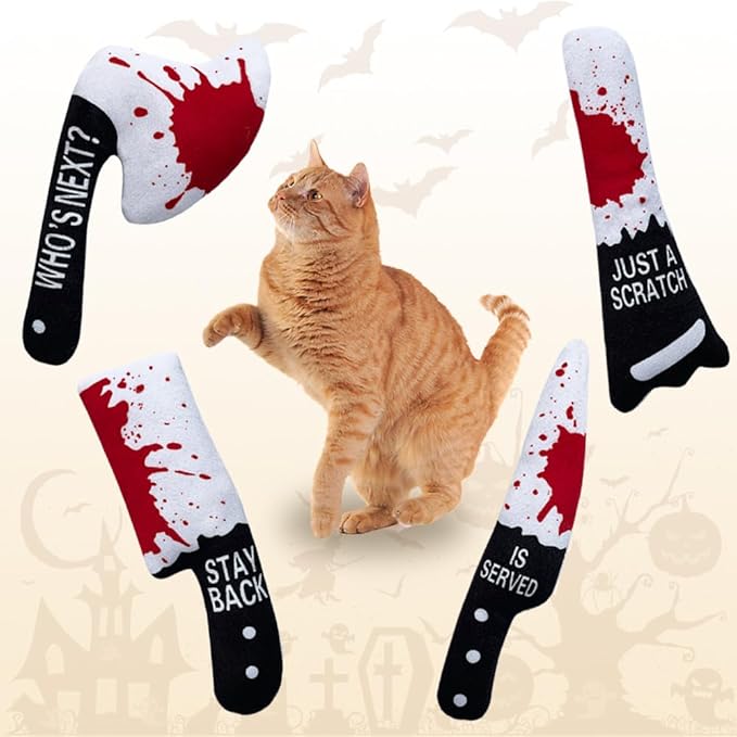 Halloween Plush Knife Toy Set for Cats and Dogs, 4-Pack Soft Plush Pet Toys with Crinkle Sound and PP Cotton Filling, Fun Interactive Pet Toys