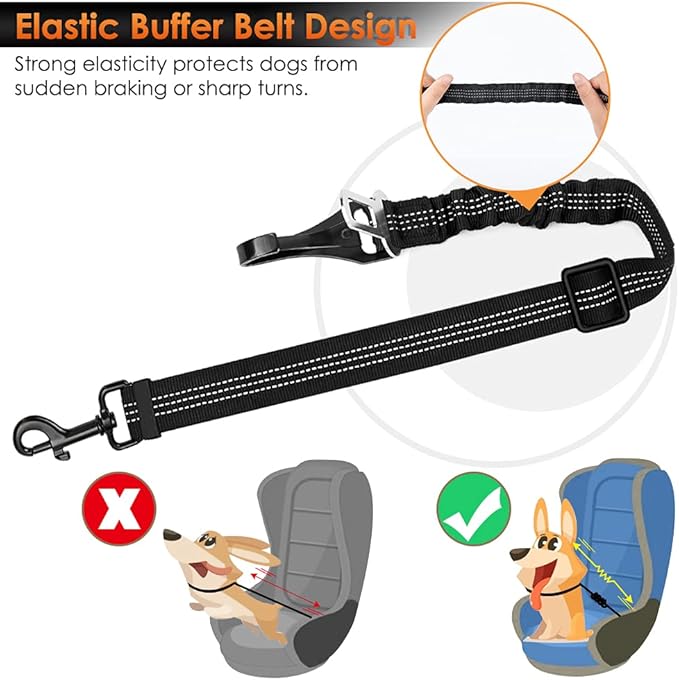 SlowTon Dog Seat Belt for Car, Adjustable 3 in 1 Dog Seatbelt with Elastic Bungee Buffer, Nylon Heavy Duty Dog Car Harness Reflective Safety Tether Leash with Latch Hook Clip Black