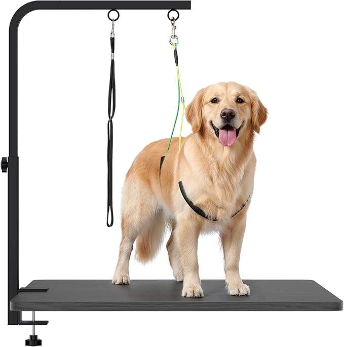 Dog Grooming Arm with Heavy-Duty Clamp, 28" to 44" Height, Adjustable Dog Grooming Table Arm with Hammock and No-Sit Holder, Grooming Restraint for Small Medium Large Dogs at Home or Salon